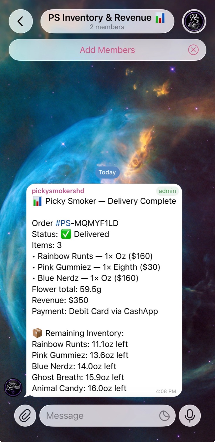 Blue Line Commerce OS Telegram delivery complete screenshot