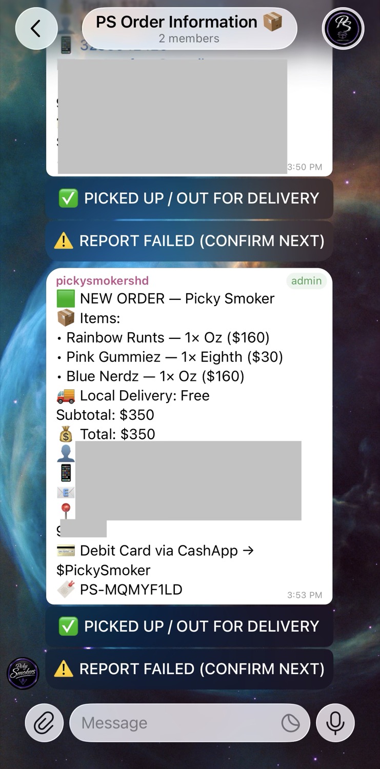 Blue Line Commerce OS Telegram order workflow screenshot